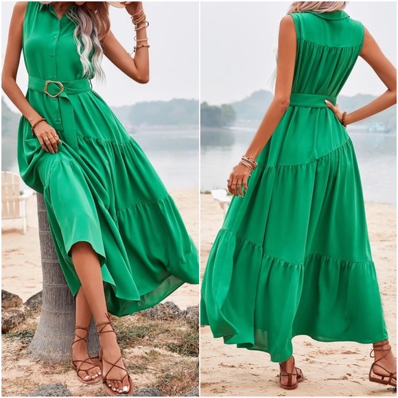 Boho Green Button Sleeveless Maxi Dress - Picture 2 of 3